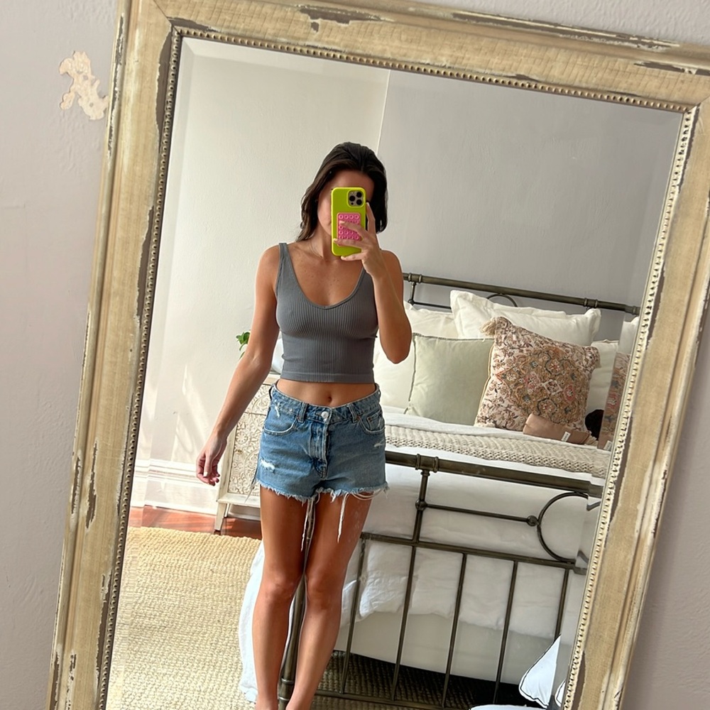 Free People Grey Blue Vneck Cropped Ribbed Tank Top